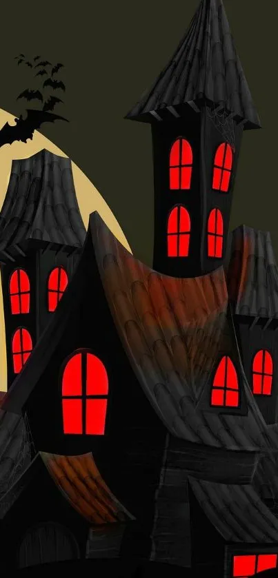 Gothic castle with glowing red windows and a moonlit background.