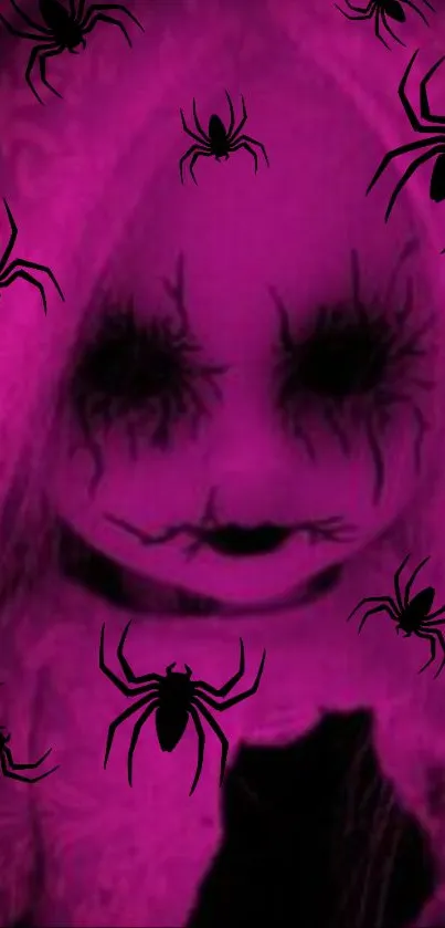 Spooky Gothic doll with spiders on a magenta background wallpaper.