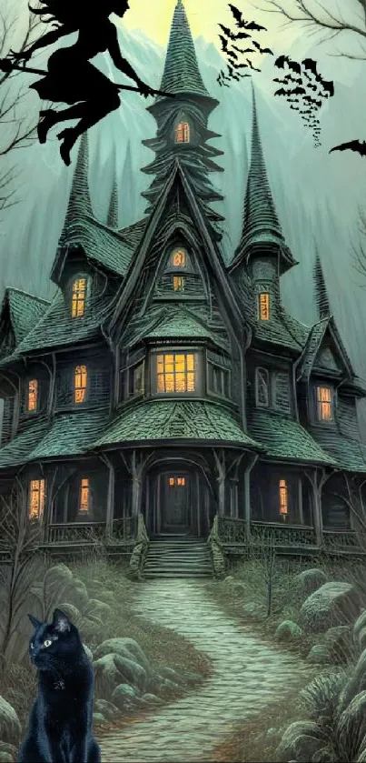 Spooky Gothic haunted house with witch and cat under moonlit night.