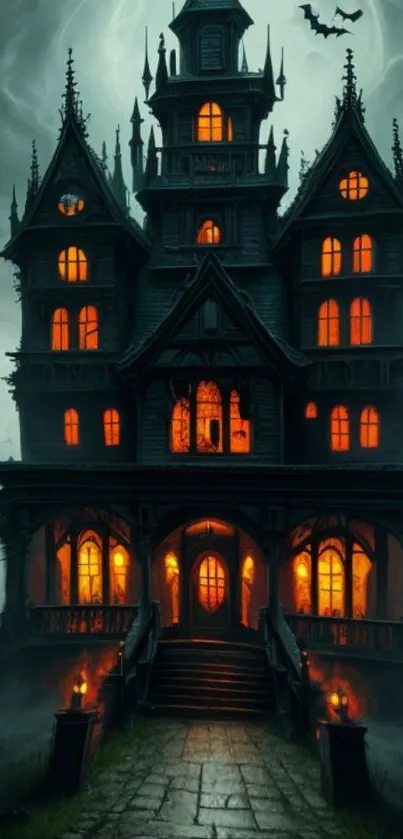 Gothic haunted house with glowing windows and bats in a spooky atmosphere.