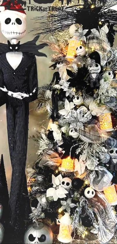 Gothic holiday decor with skeletons and pumpkins.
