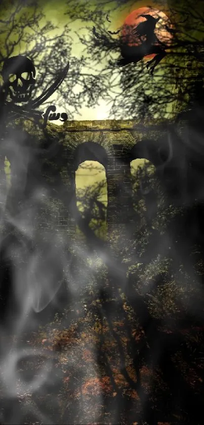 Gothic landscape with witch flying over stone ruins.