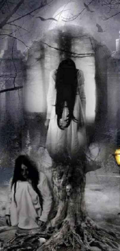 Eerie ghostly figure with long hair stands in a haunting nightscape.