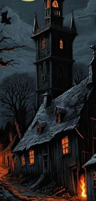 Dark Gothic village with moonlit sky and glowing fires.