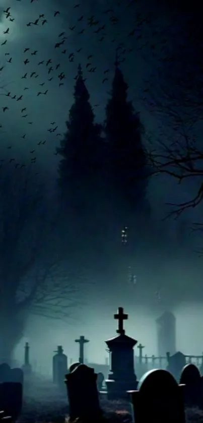 Eerie cemetery at night with mist and gothic atmosphere.