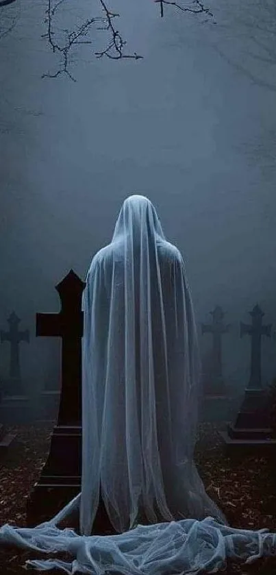 Ghostly figure in foggy graveyard with dark blue tones.