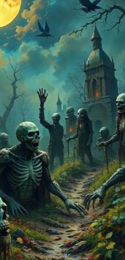 Haunting graveyard scene with skeletons under moonlight.