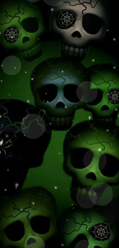 Eerie green skull wallpaper with spider webs and dark ambiance.