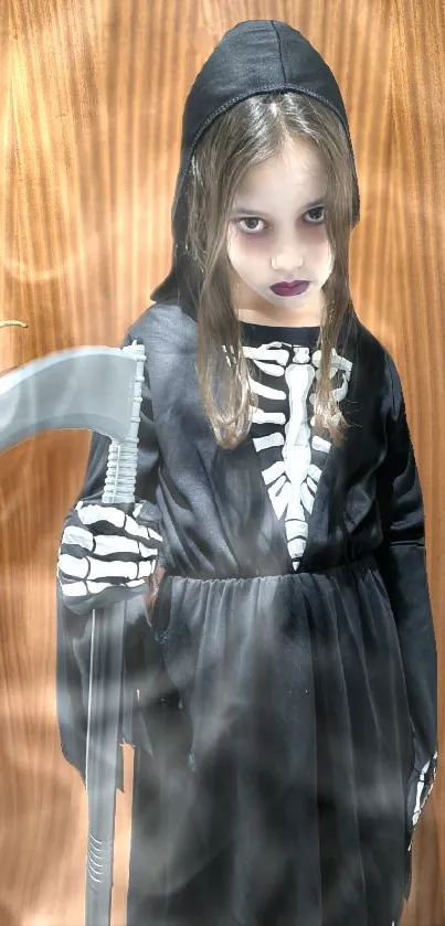 Girl in grim reaper costume with wooden door background.