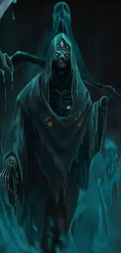 Eerie Grim Reaper shrouded in mist, dark wallpaper.