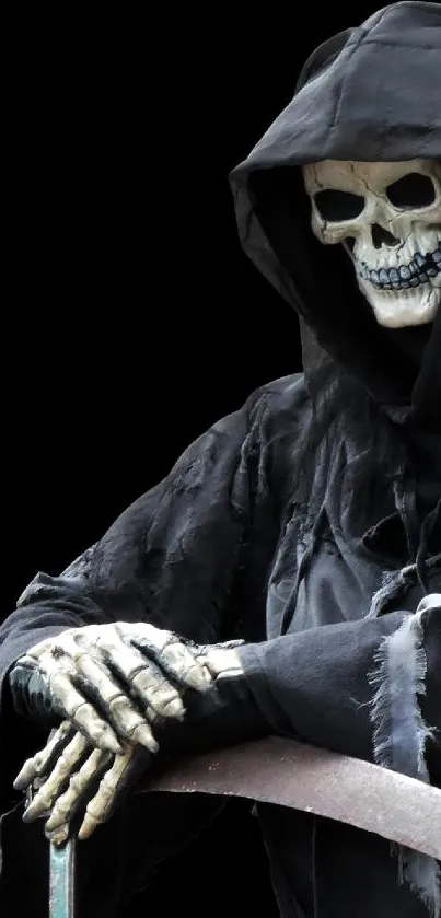 Hooded Grim Reaper mobile wallpaper, perfect for a spooky and gothic theme.