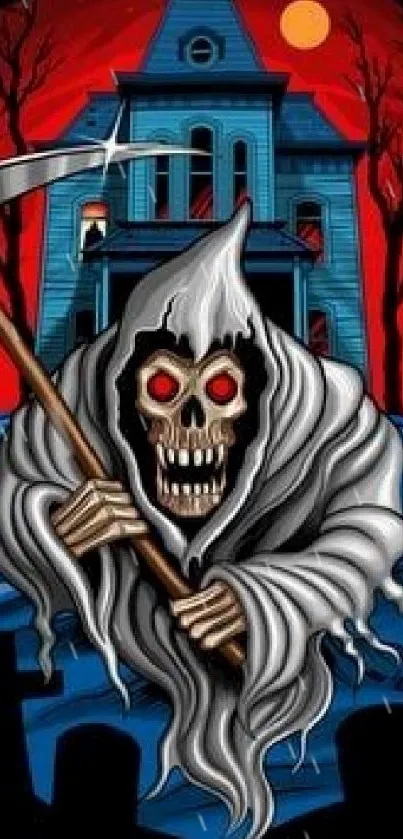 Grim Reaper with scythe and haunted house