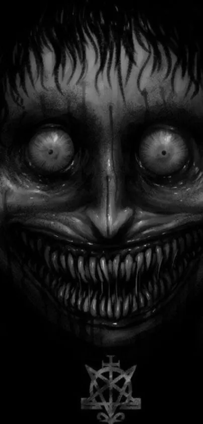 Creepy grinning face in dark wallpaper design.