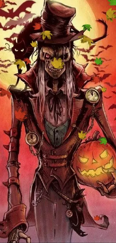 Spooky scarecrow with pumpkin on Halloween wallpaper.