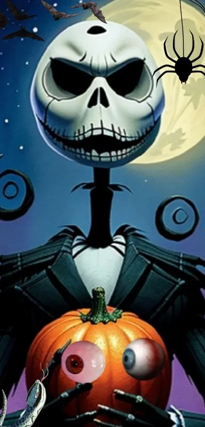 Spooky skeleton holding a pumpkin with a moonlit background and spider.