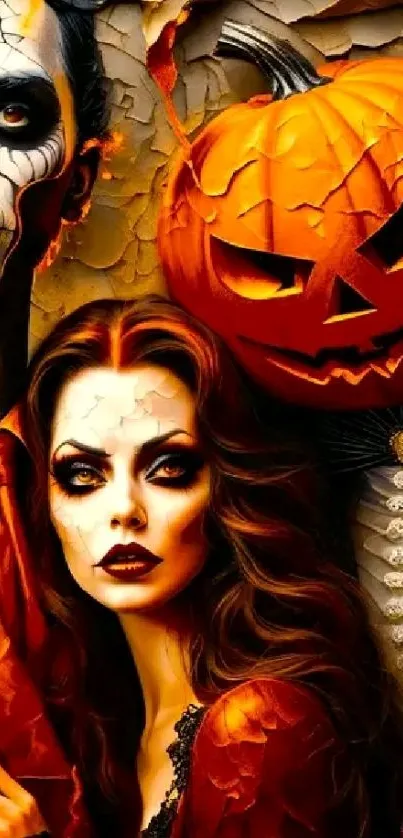 Dark Halloween wallpaper with creepy figures and a sinister pumpkin head.