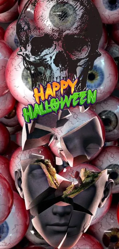 Spooky Halloween wallpaper with skull, eyeballs, and shattered face design.