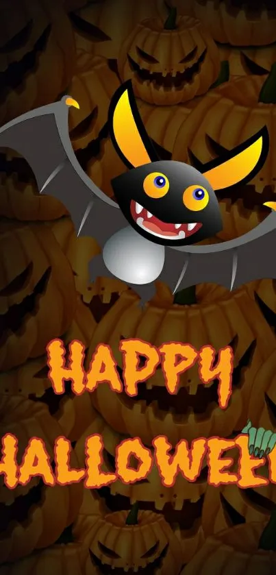 Cartoon bat and pumpkins with Happy Halloween text.