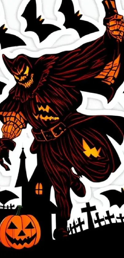 Spooky scarecrow and bats Halloween wallpaper with dark graveyard and pumpkin.