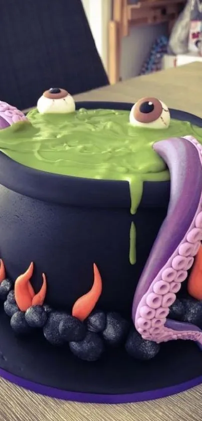 Spooky cauldron cake with tentacles and fiery design for Halloween.