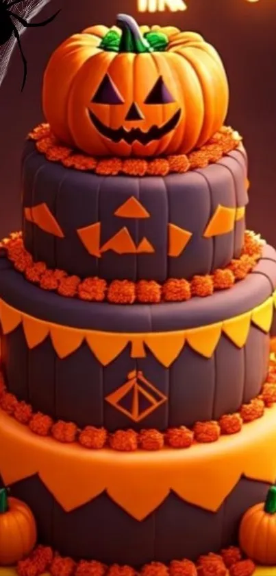 Halloween-themed cake with pumpkins and spider.