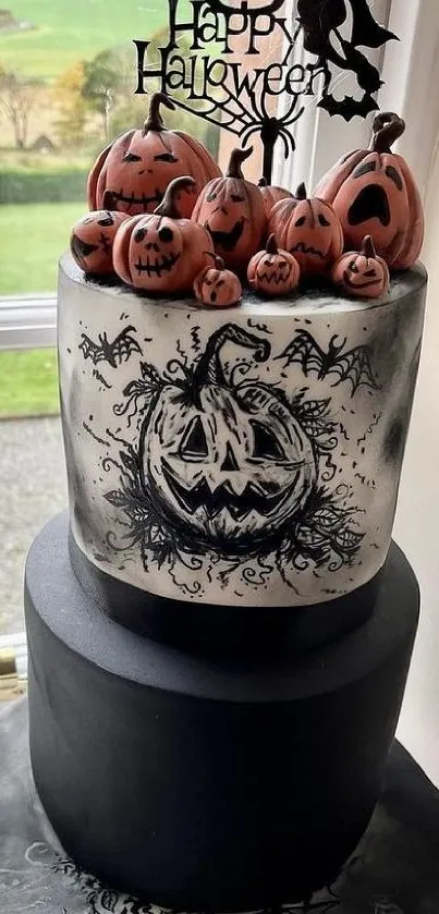 Spooky Halloween cake with pumpkins and a witch.