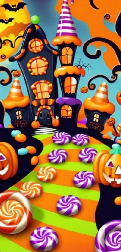 Vibrant Halloween wallpaper with pumpkins and candy.