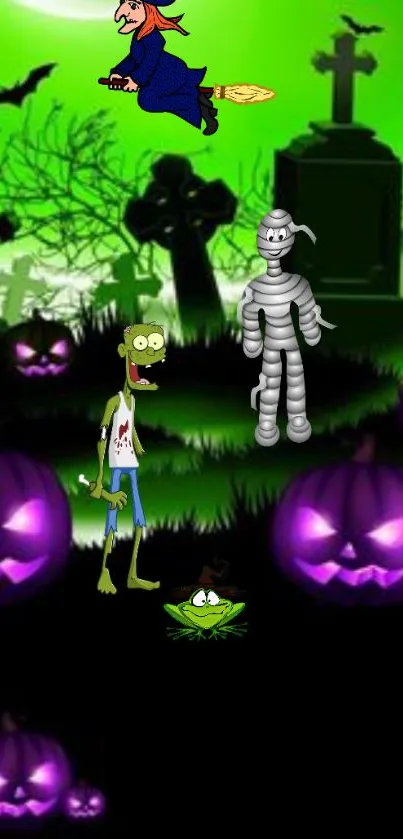 Halloween cartoon wallpaper with witch, zombie, and pumpkins.