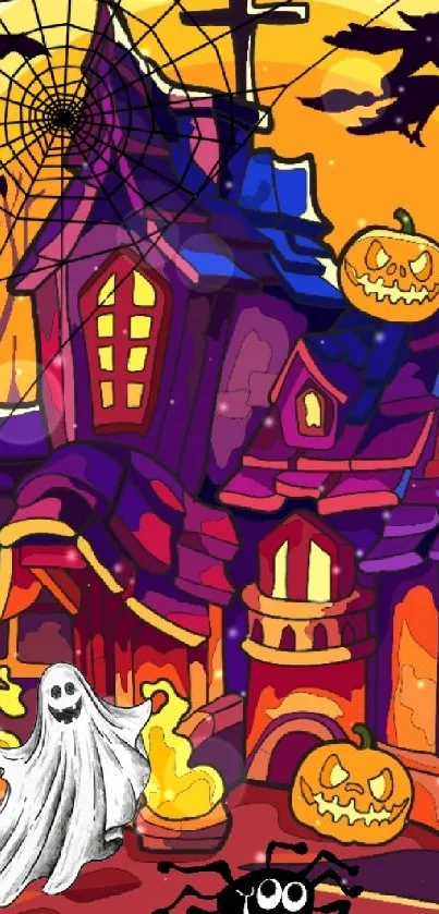 Spooky haunted castle with pumpkins and bats for Halloween wallpaper.