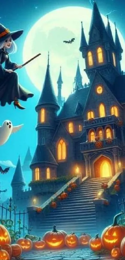 Whimsical Halloween scene with a witch over a haunted castle and pumpkins.