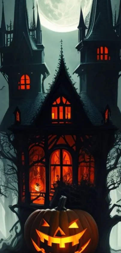 Spooky Halloween castle with glowing pumpkin and dark, eerie atmosphere.