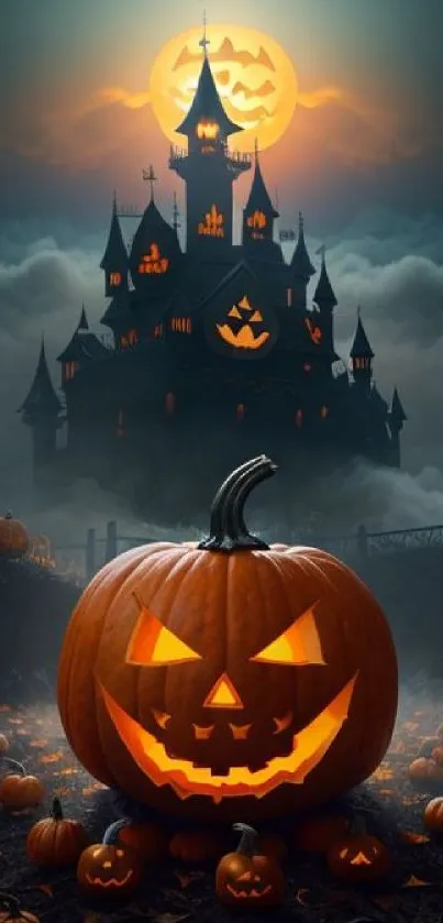 Spooky Halloween pumpkin with castle under full moon.