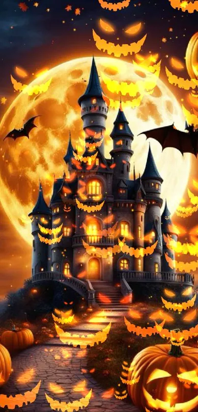 Spooky castle with pumpkins and full moon on Halloween night.