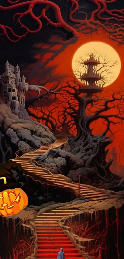 Halloween castle with glowing pumpkin and dark tree backdrop.