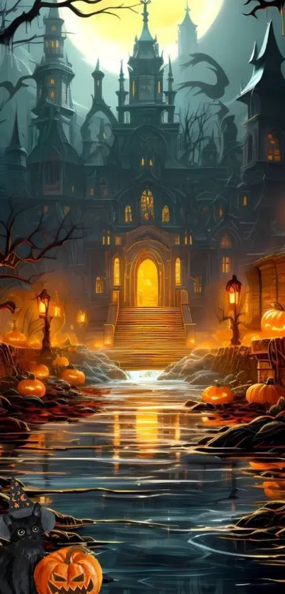 Spooky castle with pumpkins and glowing lights for Halloween wallpaper.