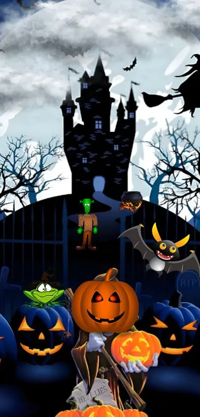 Spooky Halloween wallpaper with a castle and pumpkins.