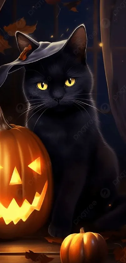 Spooky black cat with glowing pumpkin on Halloween night.