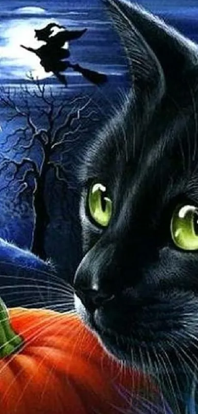 Halloween wallpaper with black cat, haunted house, and pumpkins.