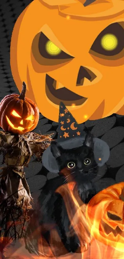 Spooky Halloween wallpaper with black cat and pumpkins.