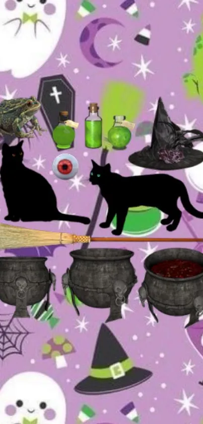 Witch-themed Halloween phone wallpaper with cauldrons, black cats, and a purple background.