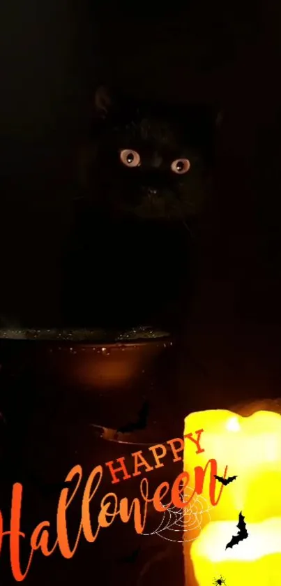 Eerie black cat with glowing candles and Happy Halloween text.