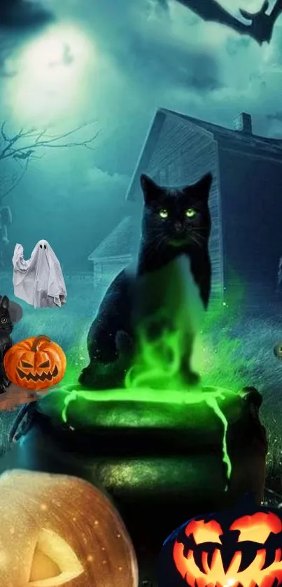 Halloween wallpaper with a black cat and glowing pumpkins.