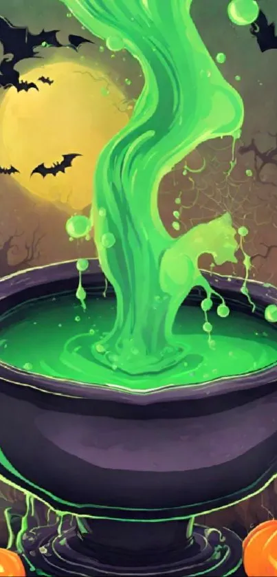 Halloween wallpaper with green cauldron and bats.