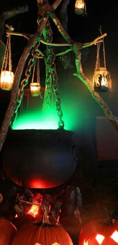 Halloween scene with cauldron and pumpkins glowing under mystic lights.