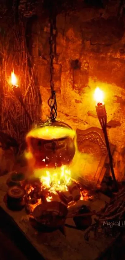 Halloween cauldron with magical fire and spooky, warm ambiance.