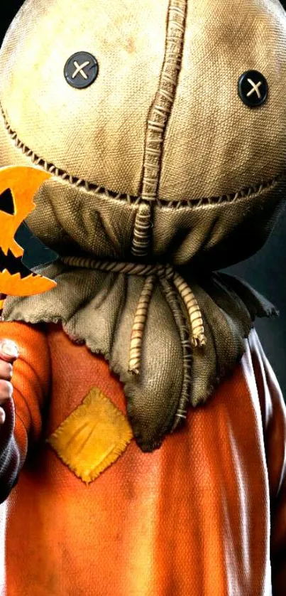 Spooky Halloween character holding a pumpkin lollipop.