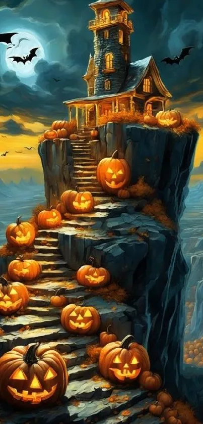 Spooky Halloween cliff with pumpkins and haunted house.