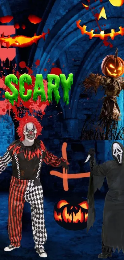Halloween wallpaper with creepy clown figures and pumpkins.