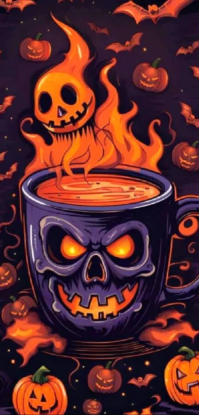 Spooky Halloween coffee cup with flames and pumpkins.