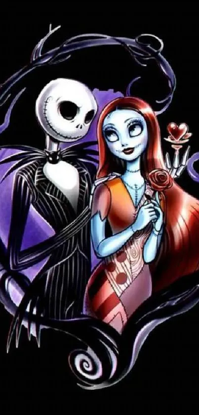 Gothic Halloween couple with rose and spiral background.